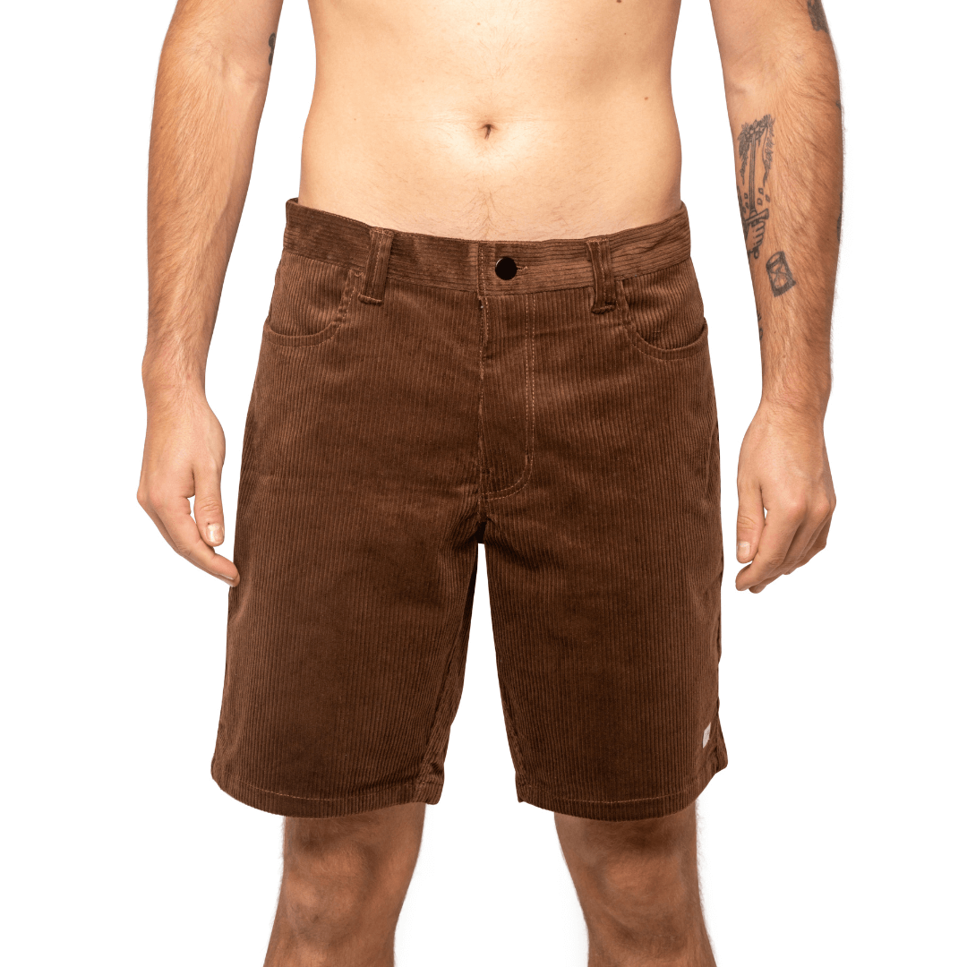 Stewarts Menswear Liive Apparel Falcon corduroy walkshort. Perfect for casual days, these shorts pair seamlessly with your favourite t-shirts, polos, or button-downs. Wear them with sneakers for a relaxed look or dress them up with loafers for a smart-casual occasion. Colour is Chocolate. Front view.