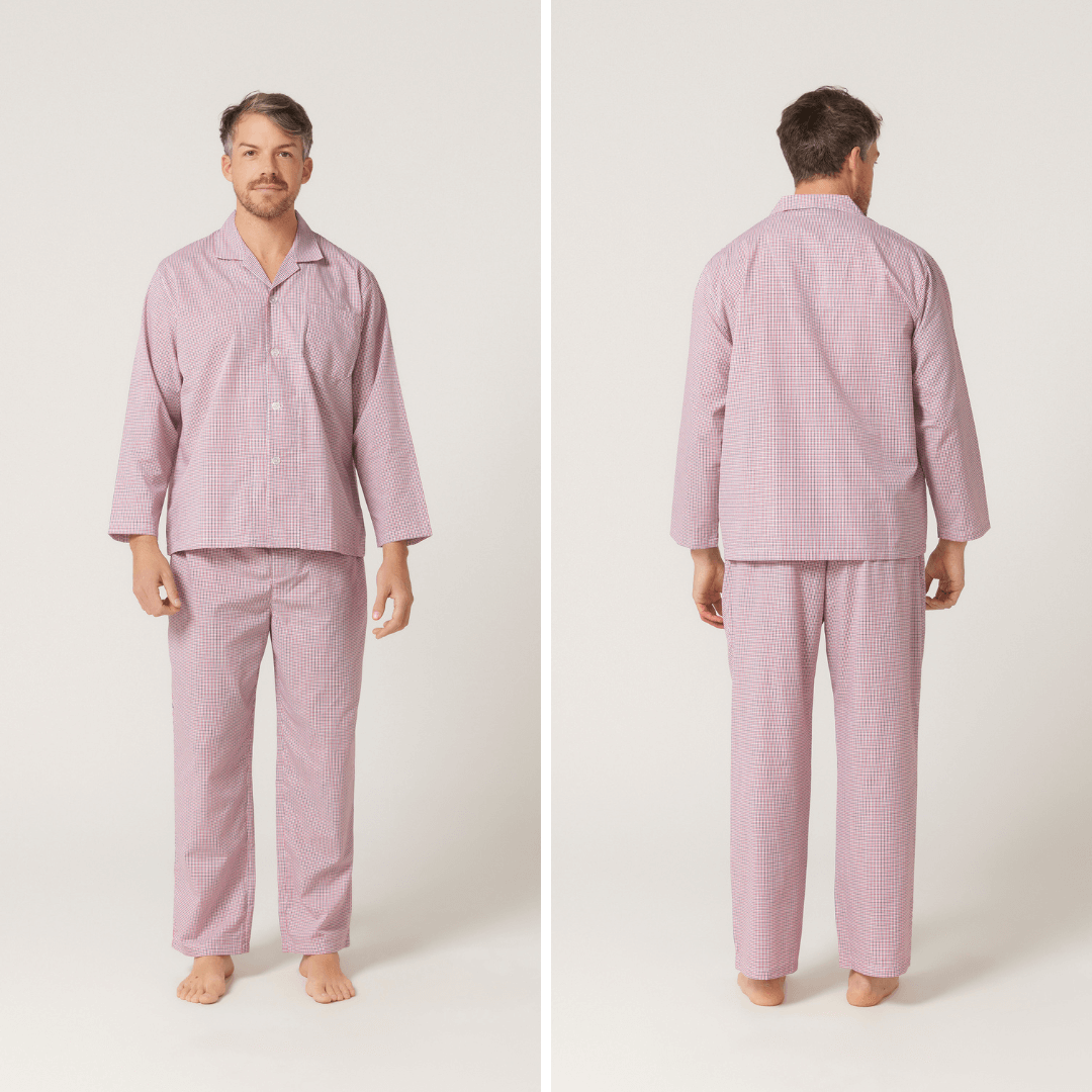 Lynx Men’s Long Pyjama Set available at Stewart’s Menswear Mullumbimby. Men’s poly-cotton long sleeve pyjamas with elastic waist pants. White background with small red check pattern.