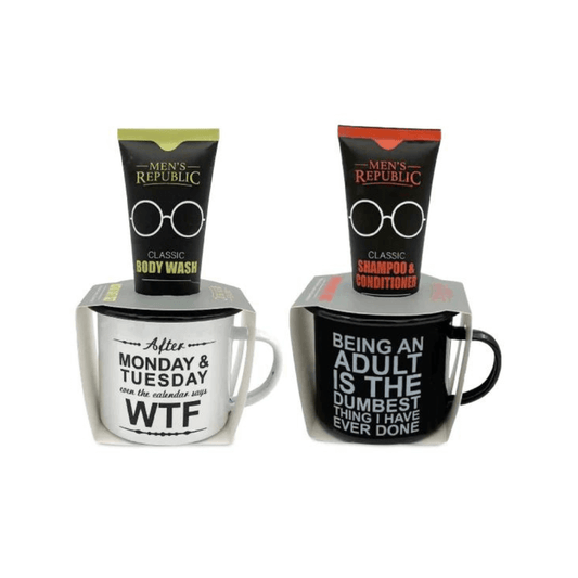 Stewarts Menswear Men's Republic Gifts for men. Mug with grooming kit. Photo shows 2 mugs. First is white with tube of body wash. Witty comment on mug: After Monday & Tuesday, even the calendar says WTF. Second is black with tube of shampoo/conditioner. Witty comment on mug: Being an adult is the dumbest thing I have ever done.