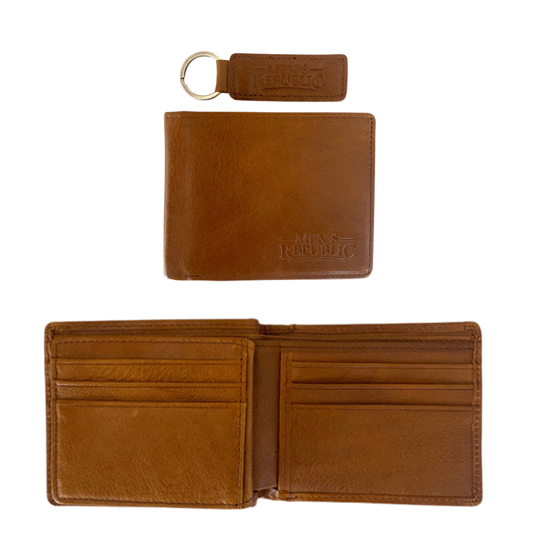 Stewarts Menswear Mens Republic Leather wallet and keyring boxed set. Colour is Tan. Photo shows flat lay view of Men's Republic leather wallet and keyring.