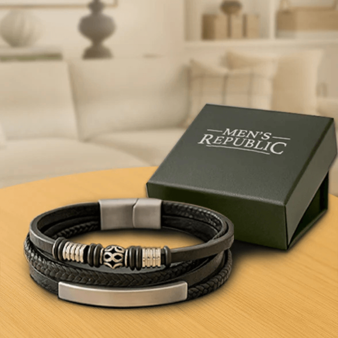 Men's Republic multi-strand black leather bracelet with stainless steel magnetic clasp, shown with signature gift box.