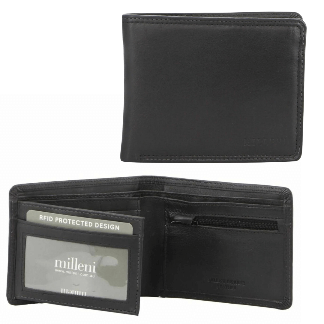 Stewart's Menswear Milleni leather wallet. Milleni men's leather wallet made from soft genuine leather features: Cash and card compartments, ID window, Zipped notes section, Zip coin section, Side flap with card slots, RFID protected design. 12 x 1.5 x 9 cm. Colour is Black.