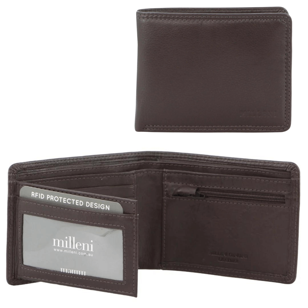 Stewart's Menswear Milleni leather wallet. Milleni men's leather wallet made from soft genuine leather features: Cash and card compartments, ID window, Zipped notes section, Zip coin section, Side flap with card slots, RFID protected design. 12 x 1.5 x 9 cm. Colour is Brown