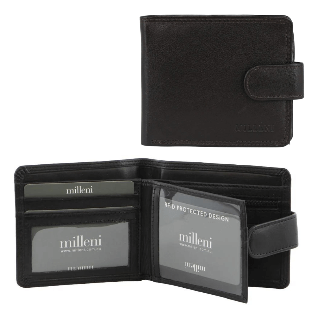Stewart's Menswear Milleni leather wallet. Milleni men's leather wallet made from soft genuine leather features: Cash and card compartments, Clasp closure, ID windows, Zipped notes section, Zip coin section, Central flap with card slots, RFID protected design. 11 x 2 x 9.5 cm. Colour is Black.