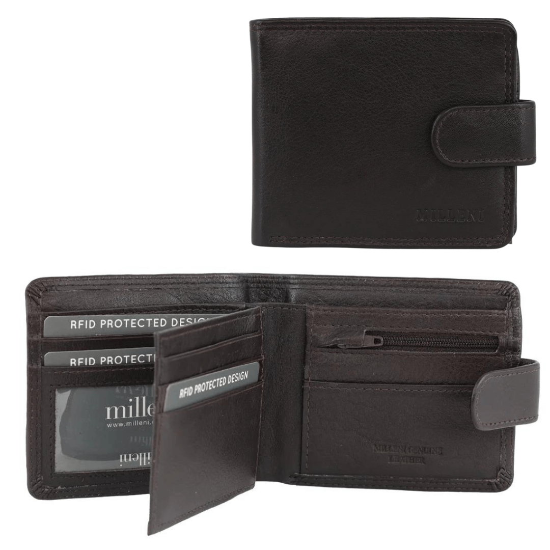 Stewart's Menswear Milleni leather wallet. Milleni men's leather wallet made from soft genuine leather features: Cash and card compartments, Clasp closure, ID windows, Zipped notes section, Zip coin section, Central flap with card slots, RFID protected design. 11 x 2 x 9.5 cm. Colour is Brown.