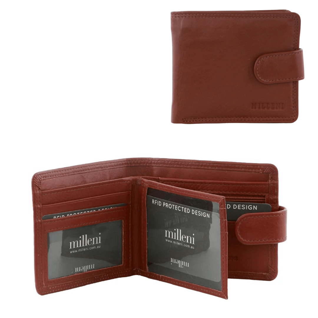Stewart's Menswear Milleni leather wallet. Milleni men's leather wallet made from soft genuine leather features: Cash and card compartments, Clasp closure, ID windows, Zipped notes section, Zip coin section, Central flap with card slots, RFID protected design. 11 x 2 x 9.5 cm. Colour is Tan.