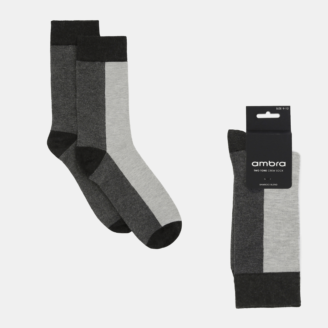 Stewarts Menswear, Mullumbimby. Ambra Bamboo two tone crew socks. Photo shows flat lay of Ambra bamboo two tone crew socks. Split colour, back of sock is charcoal, front of sock is light grey with black toe, heel and top trim.