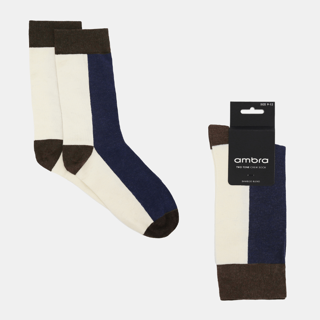 Stewarts Menswear, Mullumbimby. Ambra Bamboo two tone crew socks. Photo shows flat lay of Ambra bamboo two tone crew socks. Split colour, back of sock is cream, front of sock is navy blue with chocolate toe, heel and top trim.