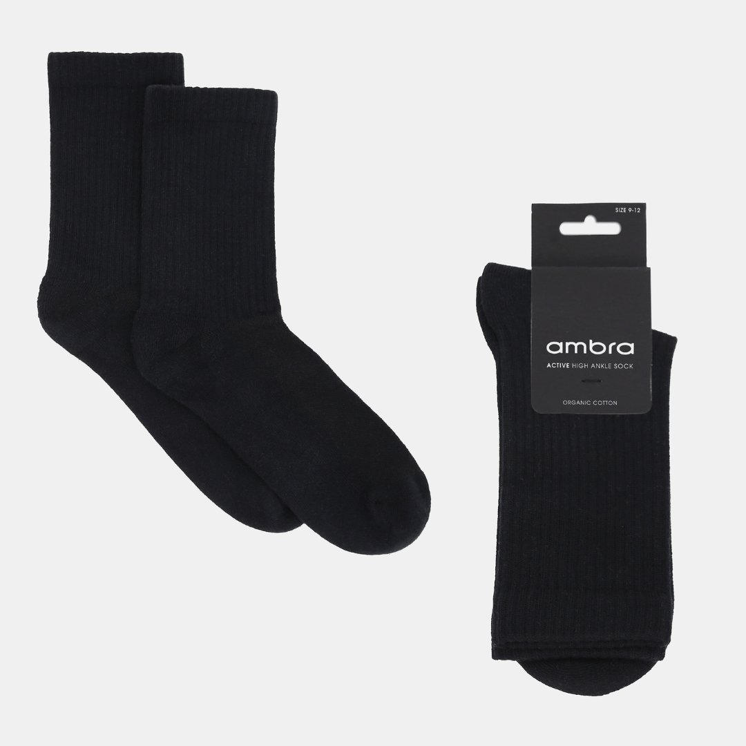 Stewarts Menswear Mullumbimby. Ambra men's active high ankle socks. Photo shows flat lay of Ambra men's active high ankle socks in packaging. Colour is Black.