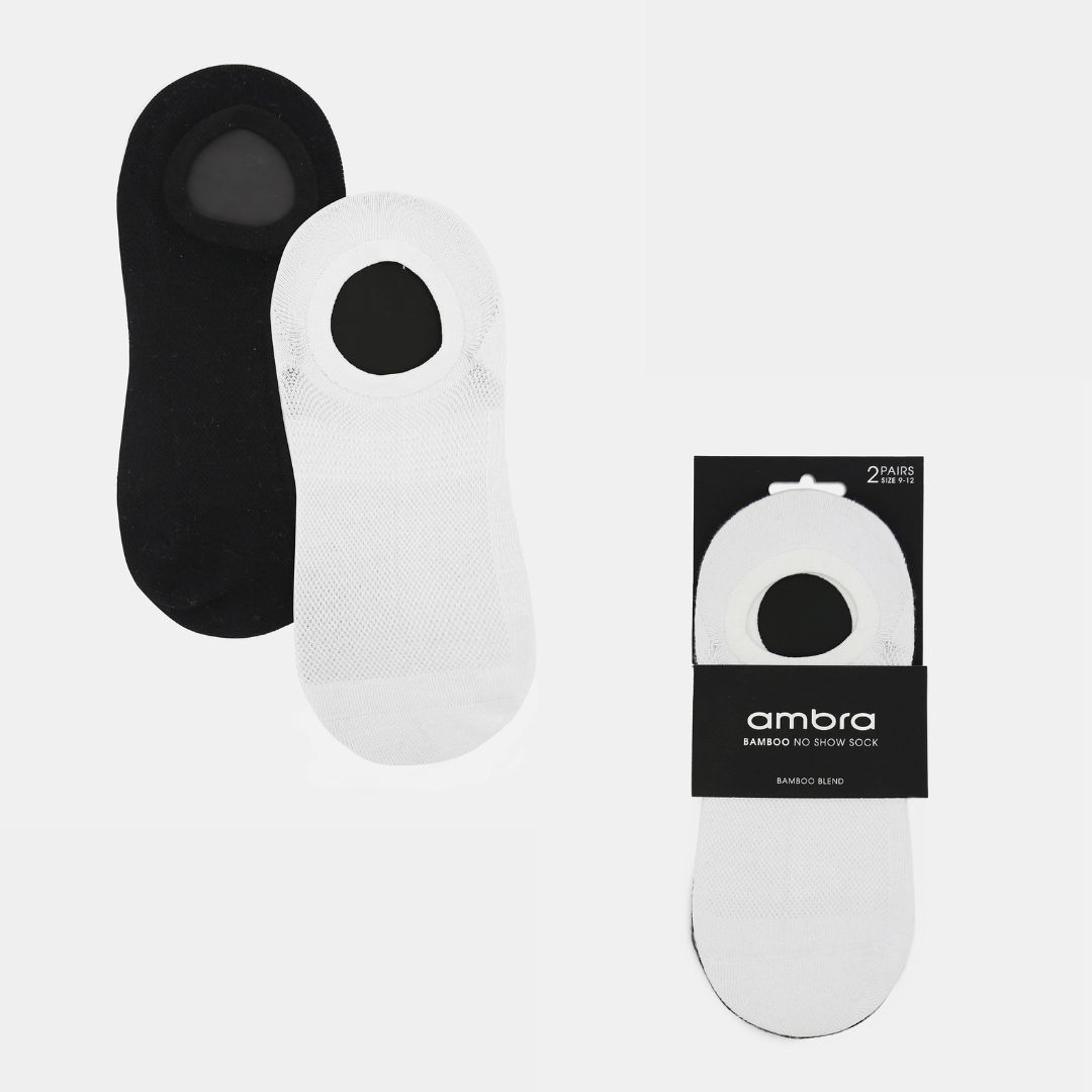Stewarts Menswear, Mullumbimby. Ambra Men's bamboo no show socks 2 pack. Photo shows flat lay of Ambra bamboo no show socks in packaging. Each pack contains 1 x white pair and 1 x black pair.