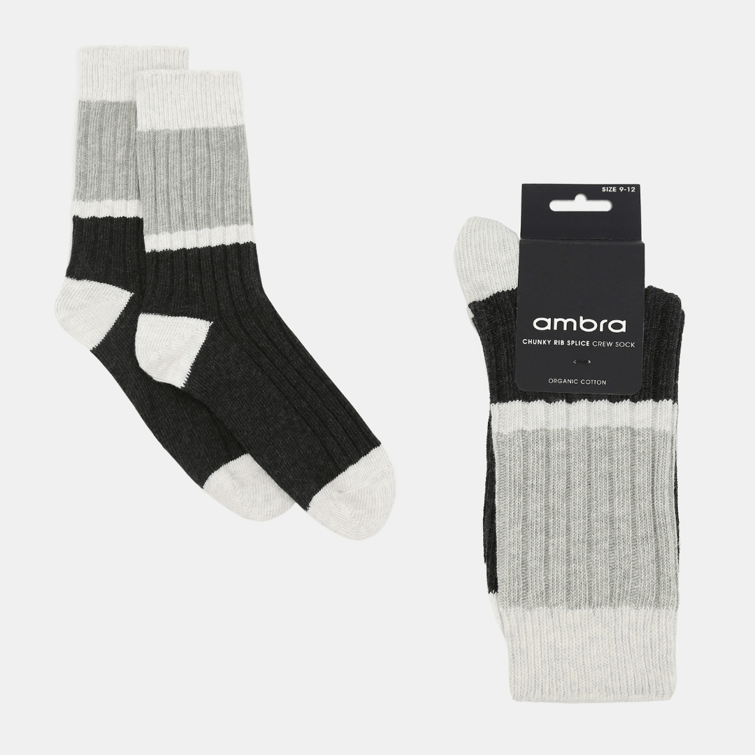 Stewarts Menswear Mullumbimby. Ambra Mens chunky rib splice crew socks. Organic Cotton socks. Spliced design with black coloured sole, white stripe andgrey crew top with white trim around top. Photo shows flat lay of socks in packaging.