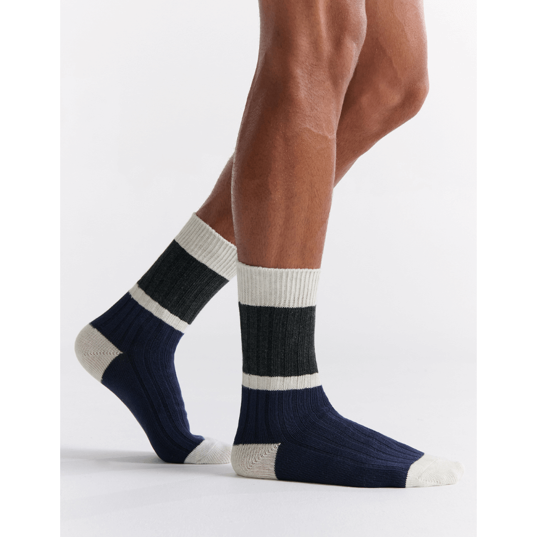 Stewarts Menswear Mullumbimby. Ambra Mens chunky rib splice crew socks. Organic Cotton socks. Spliced design with navy blue coloured sole, white stripe and black crew top with white trim around top.