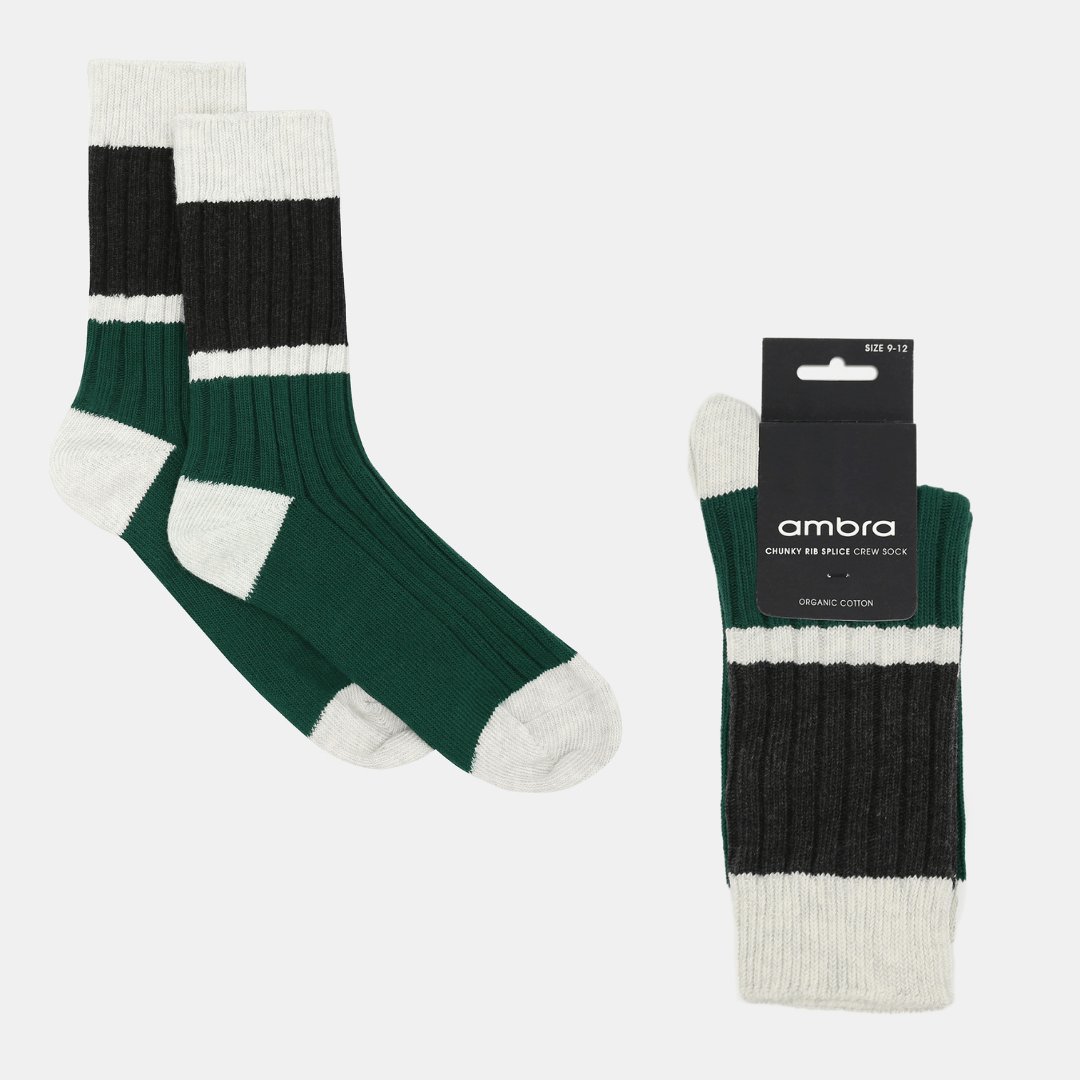 Stewarts Menswear Mullumbimby. Ambra Mens chunky rib splice crew socks. Organic Cotton socks. Spliced design with bottle green coloured sole, white stripe and black crew top with white trim around top. Photo shows flat lay of socks in packaging.
