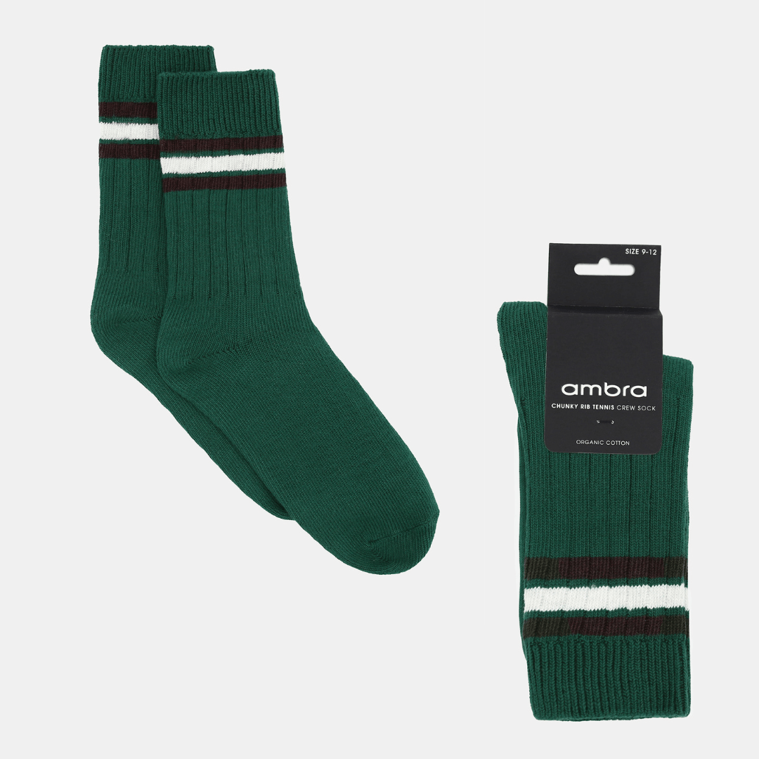 Stewarts Menswear Mullumbimby. Ambra Men's Chunky rib tennis stripe crew socks. Organic Cotton socks. Bottle Green colour with three stripes at top (2 x chocolate with 1 x white in between). Photo shows flat lay of Ambra men's chunky rib tennis crew socks in Evergreen.