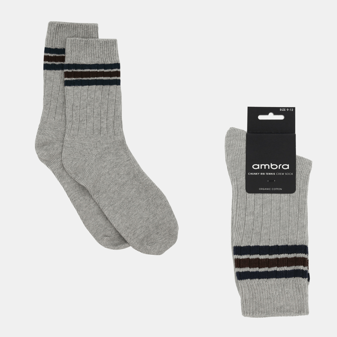 Stewarts Menswear Mullumbimby. Ambra Men's Chunky rib tennis stripe crew socks. Organic Cotton socks. Grey marle colour with three stripes at top (2 x navy with 1 x chocolate in between). Photo shows flat lay of Ambra men's chunky rib tennis crew socks in Grey marle.