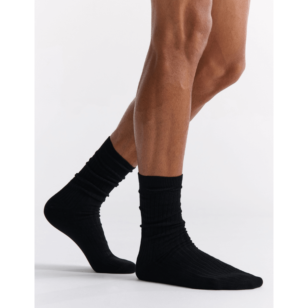 Stewarts Menswear Mullumbimby. Ambra Men's Organic Cotton Crew Socks. Photo shows model wearing Ambra organic cotton crew socks in Black