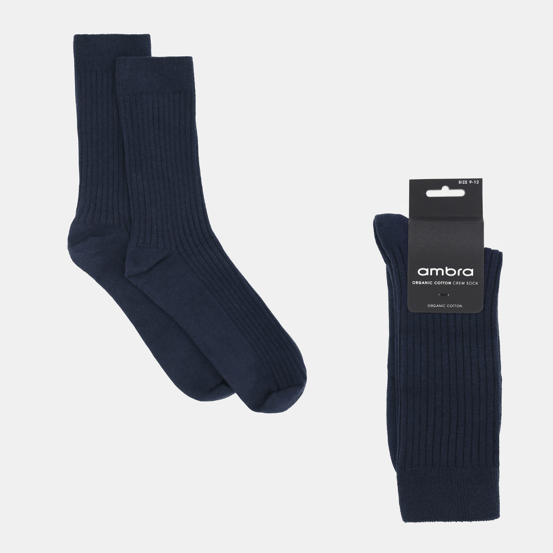 Stewarts Menswear Mullumbimby. Ambra Men's Organic Cotton Crew Socks. Photo shows flat lay of Ambra organic cotton crew socks in Eclipse (Navy blue)
