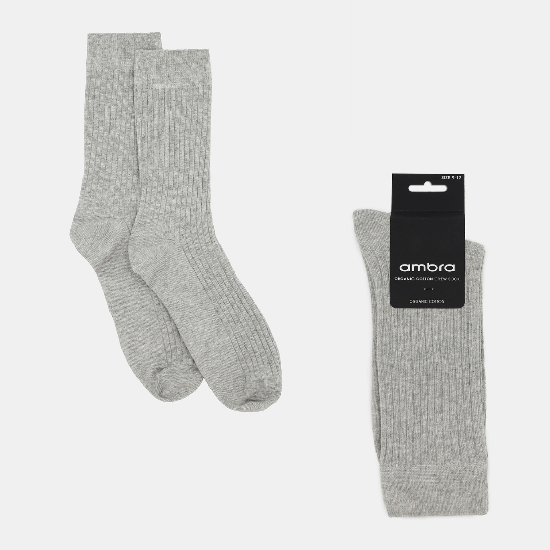 Stewarts Menswear Mullumbimby. Ambra Men's Organic Cotton Crew Socks. Photo shows flat lay of Ambra organic cotton crew socks in Grey