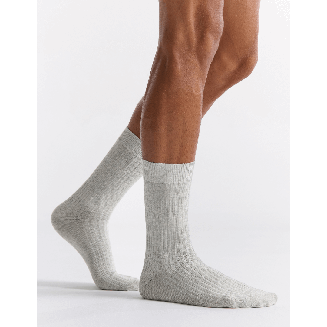 Stewarts Menswear Mullumbimby. Ambra Men's Organic Cotton Crew Socks. Photo shows model wearing Ambra organic cotton crew socks in Grey