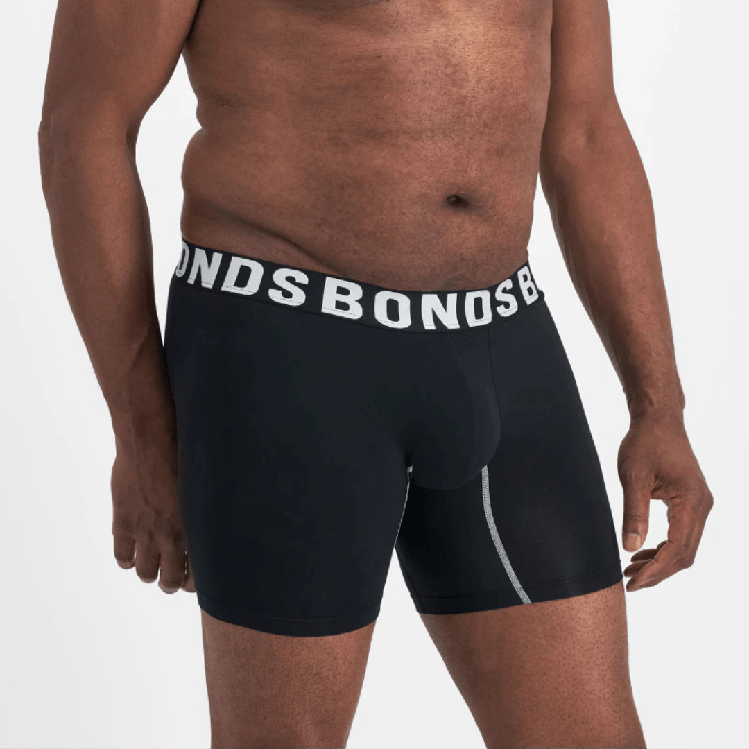 Bonds Chafe Off Trunk, men's cooling bamboo trunks with an anti-chafe inner thigh panel, available at Stewart's Menswear Mullumbimby