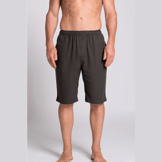 Stewarts-Menswear Mullumbimby Braintree Hemp. Hemp/Bamboo beach shorts. Colour is Grey. Bamboo/Hemp Elastic Waist Beach Short is made from 55% Hemp and 45% Bamboo. Elastic waist.