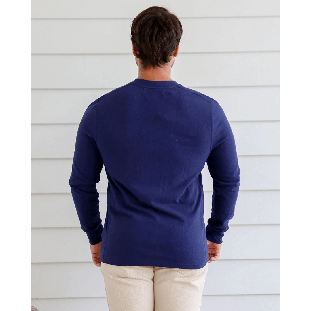 Stewarts Menswear Mullumbimby. Braintree Hemp/cotton long sleeve button tee. Colour is Navy. Photo shows male model wearing Braintree Hemp/Cotton long sleeve button tee, Back View.