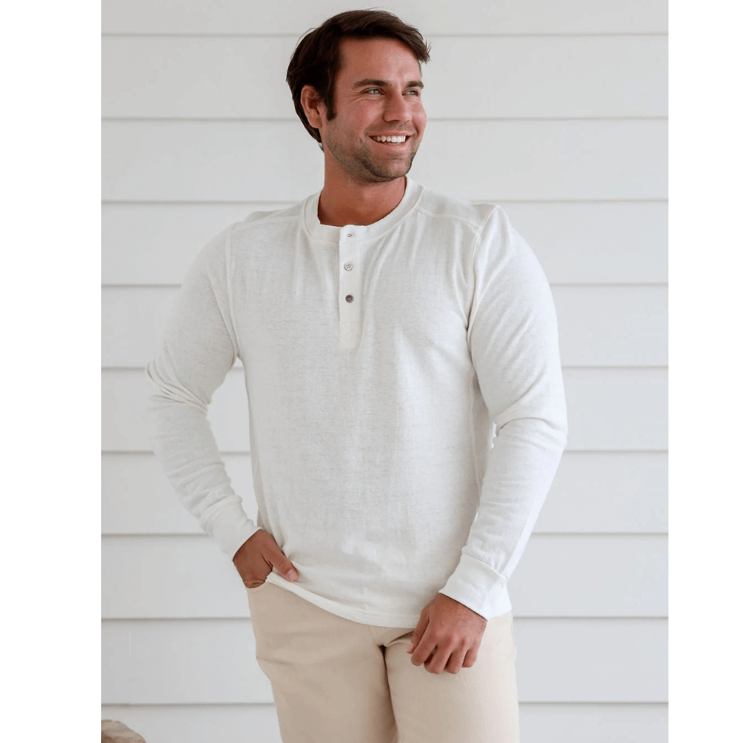 Stewarts Menswear Mullumbimby. Braintree Hemp/cotton long sleeve button tee. Colour is Natural. Photo shows male model wearing Braintree Hemp/Cotton long sleeve button tee, Front View.
