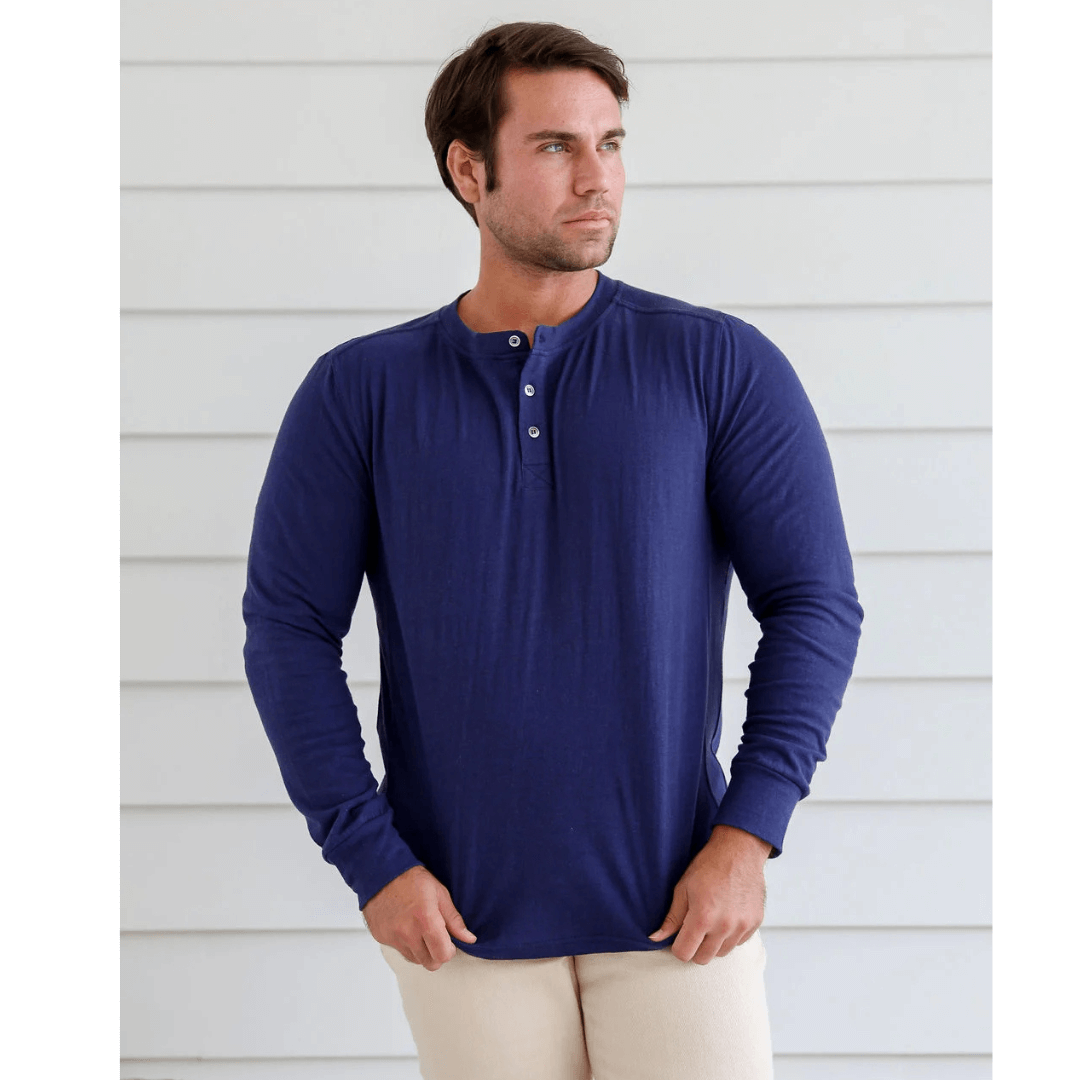 Stewarts Menswear Mullumbimby. Braintree Hemp/cotton long sleeve button tee. Colour is Navy. Photo shows male model wearing Braintree Hemp/Cotton long sleeve button tee, Front View.