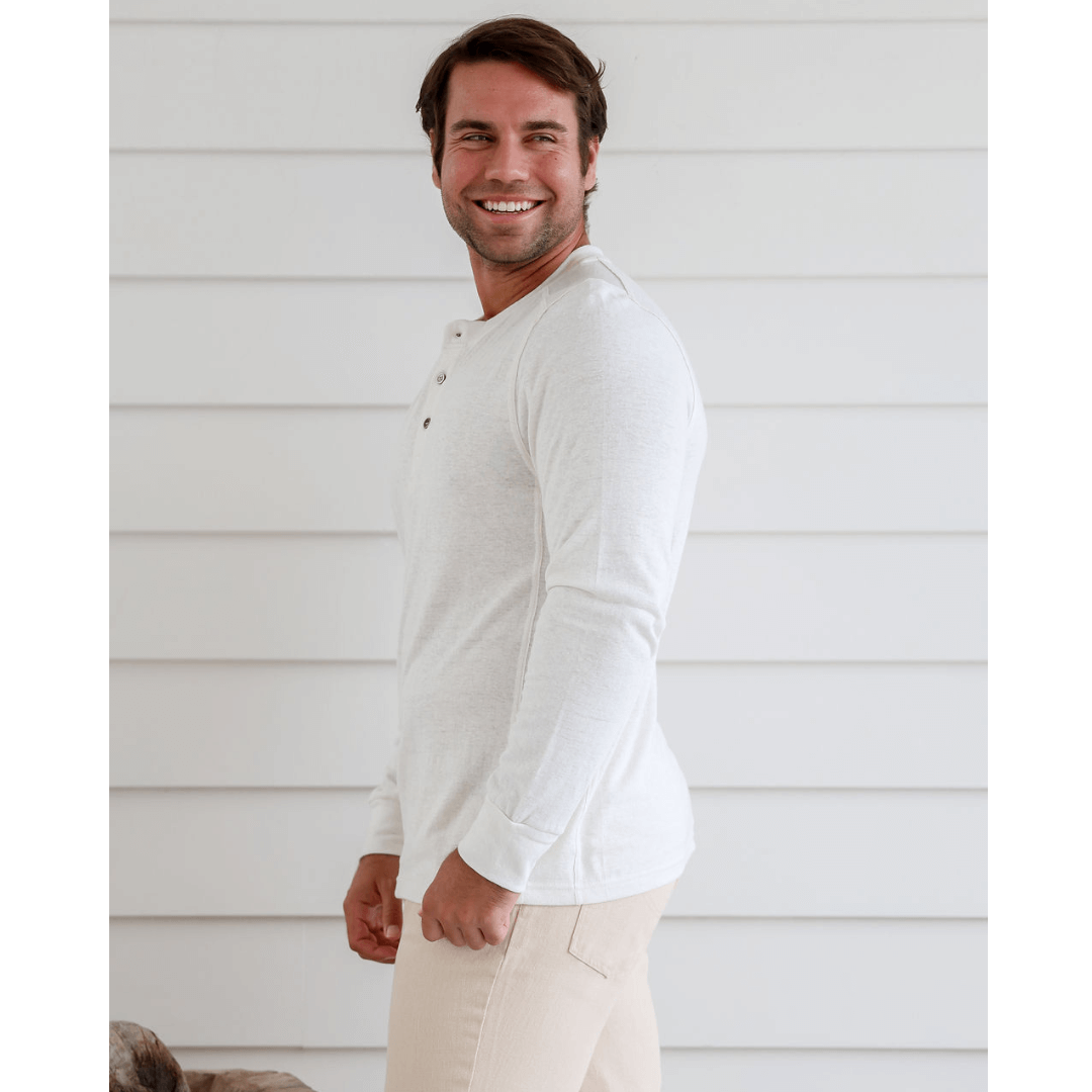 Stewarts Menswear Mullumbimby. Braintree Hemp/cotton long sleeve button tee. Colour is Natura;. Photo shows male model wearing Braintree Hemp/Cotton long sleeve button tee, Side View.