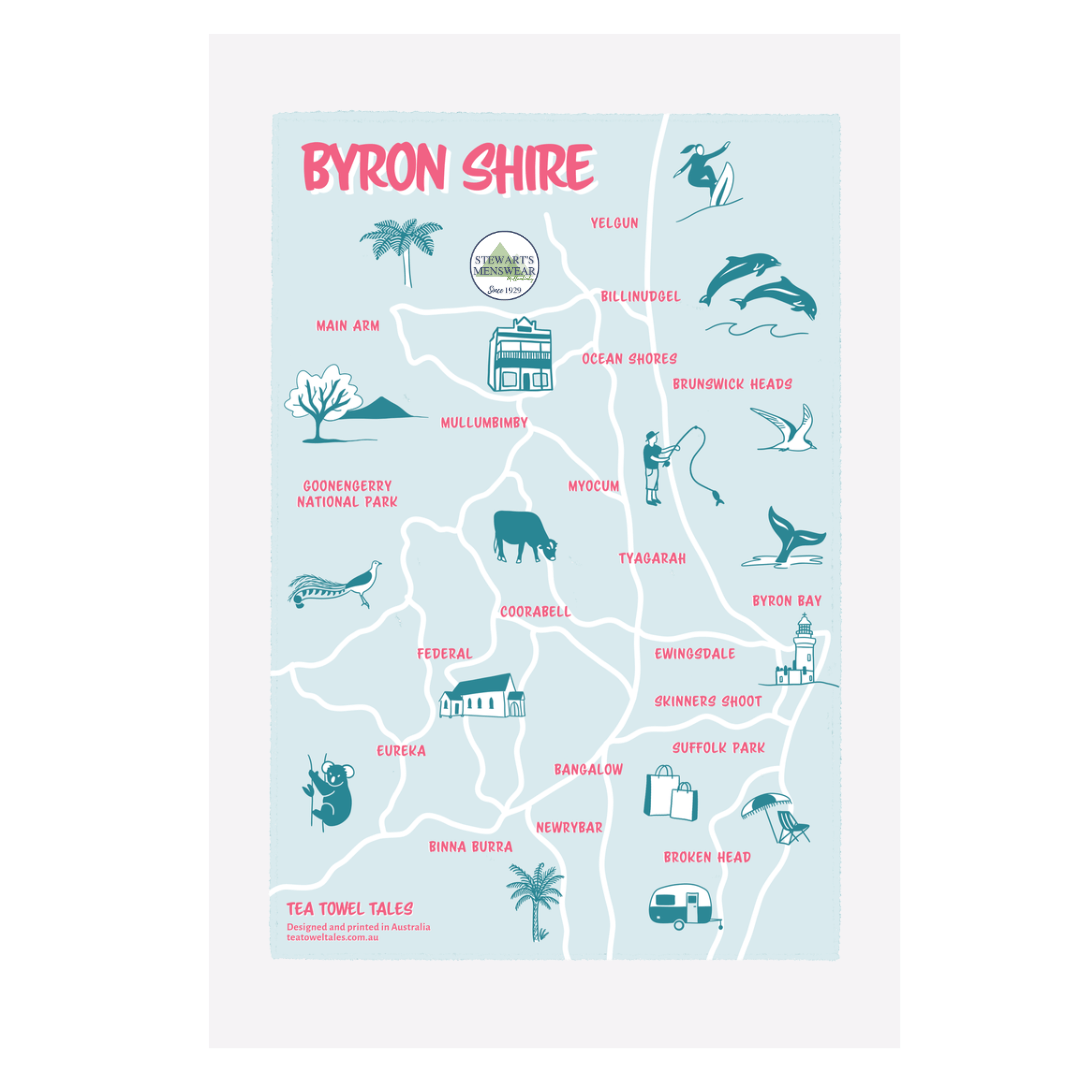 Stewart's Menswear souvenir Byron Shire tea towel. Check out these Byron Shire souvenir tea towels which are made from 100% cotton and designed and printed locally in Tweed Heads, the perfect way to remember your visit to Mullumbimby. Featuring many of the towns in the Byron Shire placed on a rough map with a small charicature of an iconic landmark in each town. Stewart's Menswear logo also features above the Middle Pub icon in Mullumbimby.