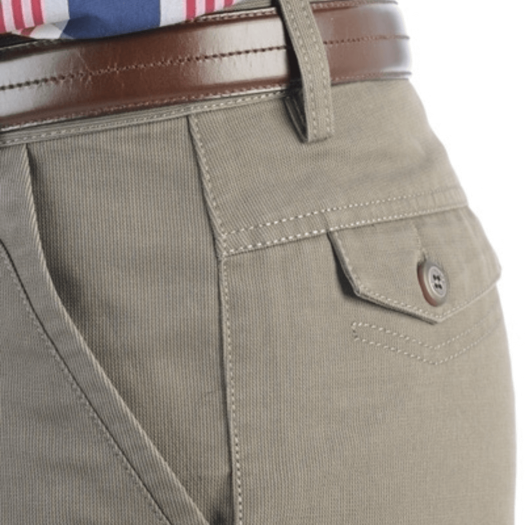 Close up view of Manly Asia Pacific Euro Slim Fit Casual Pant in plum kitten (khaki colour), available at Stewart’s Menswear Mullumbimby.