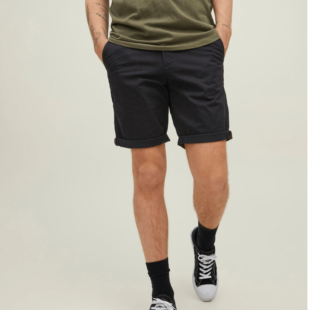 Stewart's Menswear, Mullumbimby. Jack & Jones Bowie Chino Shorts. Photo shows model wearing Jack & Jones Chino Shorts. Colour is Black.