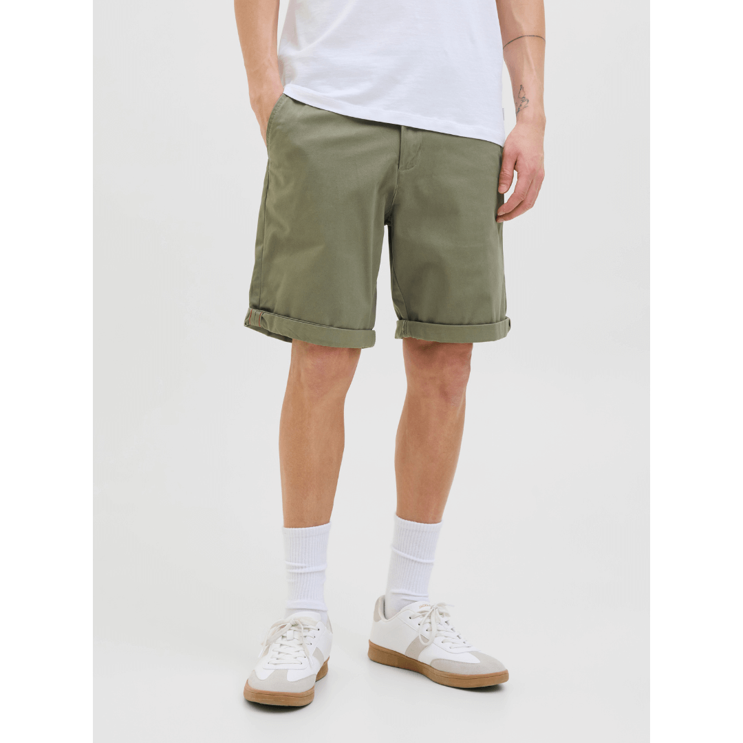 Stewart's Menswear, Mullumbimby. Jack & Jones Bowie Chino Shorts. Photo shows model wearing Jack & Jones Chino Shorts. Colour is Deep Lichen Green.