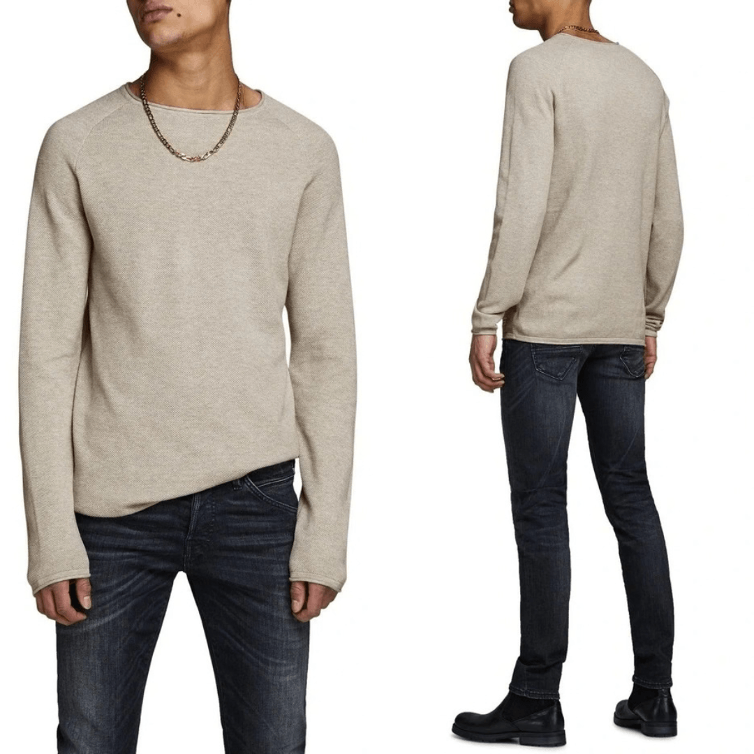 Man wearing a beige sweater and dark jeans from front and back views on a white background. Jack & Jones Hill cotton knit crew neck pullover in black available from Stewart's Menswear in Mullumbimby.