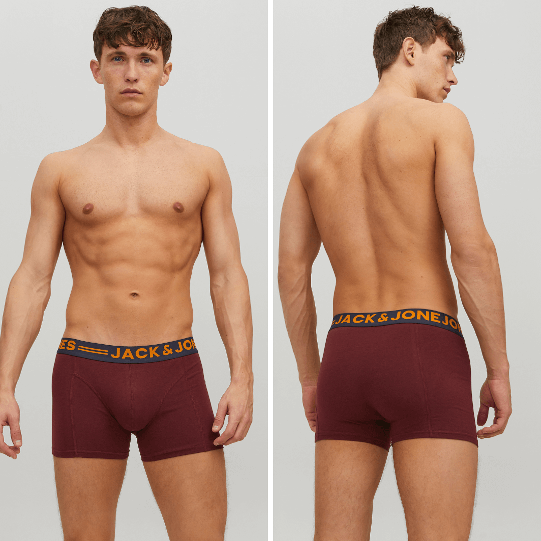 Stewart's Menswear, Mullumbimby. Jack & Jones Lichfield 3 Pack Trunk. Photo shows model wearing Jack & Jones Burgundy trunks, both rear and front view.