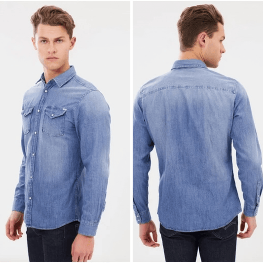 Front and back views of Jack and JOnes Sheridan denim shirt in blue denim available from Stewart's Menswear, Mullumbimby.