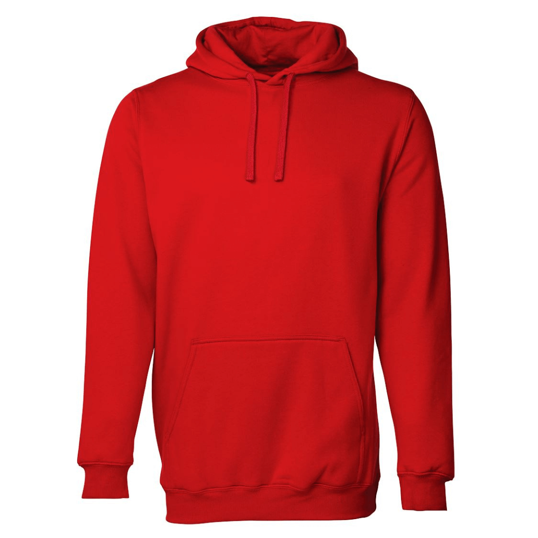 Stewart's Menswear Mullumbimby Fleecy Hoodie. The JB's Wear Fleecy Hoodie is made with quality (80% Cotton 20% Polyester) cotton rich fleece. Soft and Comfortable, durable and longlasting, classic design with handy front pocket for your essentials. Colour is Red.