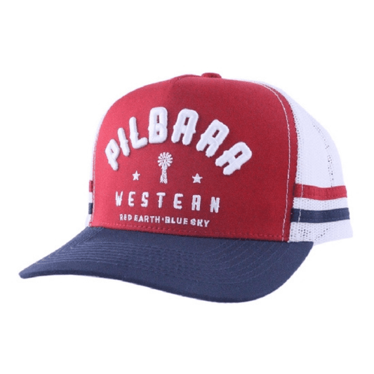 Stewarts Menswear Mullumbimby. Pilbara Western Classic Trucker Cap. Colour is red with navy peak. White 3D embroidery on front "Pilbara Western. Red Earth . Blue Sky." Red and navy stripes along sides.