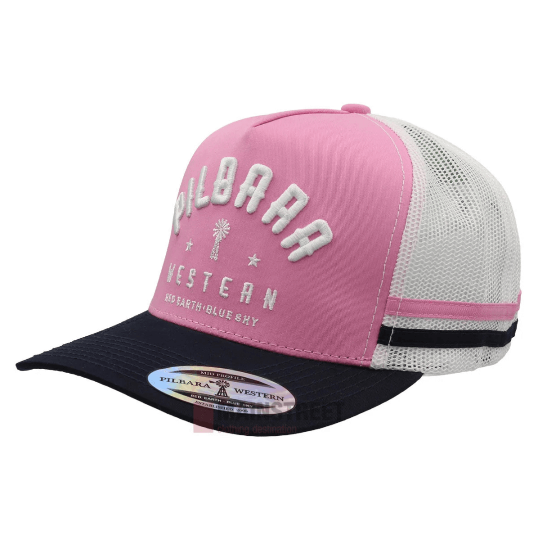 Stewarts Menswear Mullumbimby. Pilbara Western Classic Trucker Cap. Colour is pink with navy peak. White 3D embroidery on front "Pilbara Western. Red Earth . Blue Sky." pink and navy stripes along sides.
