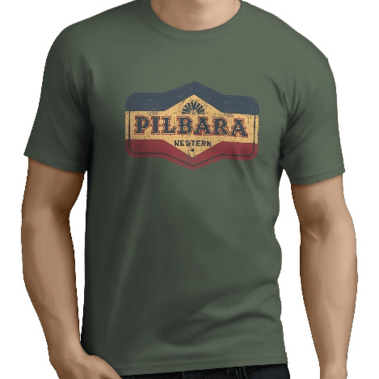 Stewart's Menswear, Mullumbimby. Pilbara Western Men's T-shirt. Photo shows model wearing Pilbara Western Oil Can Tee. Colour is Olive with vintage style "Pilbara Western" print on the front.