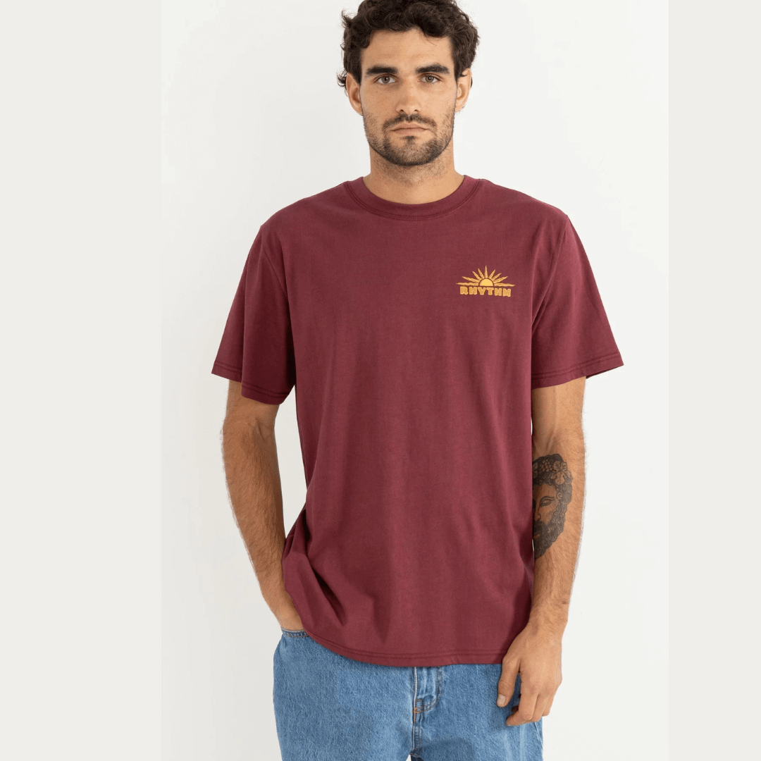 Stewarts Menswear, Mullumbimby. Rhythm Frame short sleeve t-shirt in Merlot colourway. Photo shows model wearing Rhythm Frame T-shirt with small screen print logo on front chest.