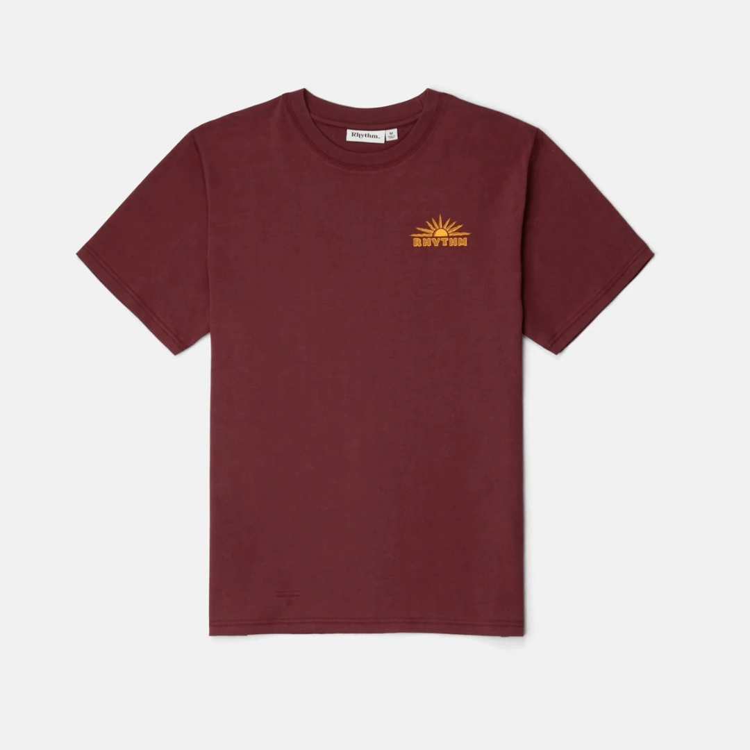 Stewarts Menswear, Mullumbimby. Rhythm Frame short sleeve t-shirt in Merlot colourway. Photo shows front of tee with small chest screen print Rhythm logo.