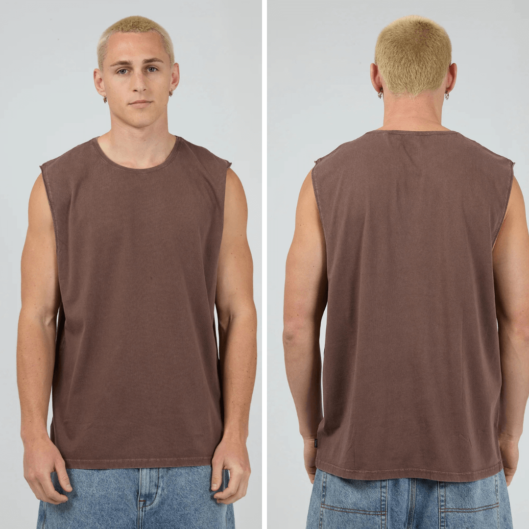 Man wearing Silent Theory basics classic muscle tee available from Stewart's Menswear in Mullumbimby. Pigment washed, chocolate colour, front and back view.