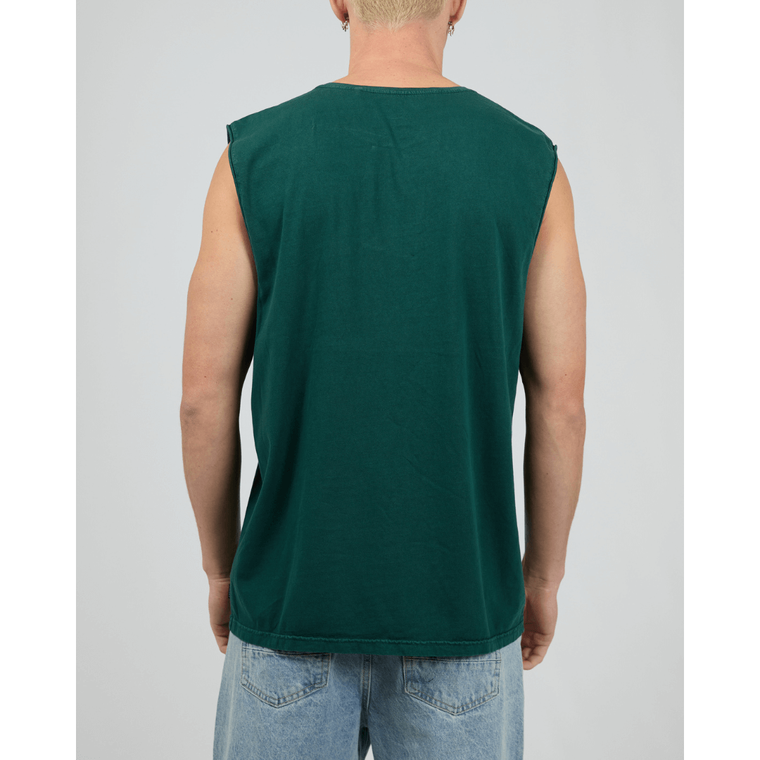 Stewart's Menswear, Mullumbimby. Silent Theory basic classic muscle tee. Photo shows model wearing Pine (Dark Green) coloured Silent Theory Classic muscle, back view.