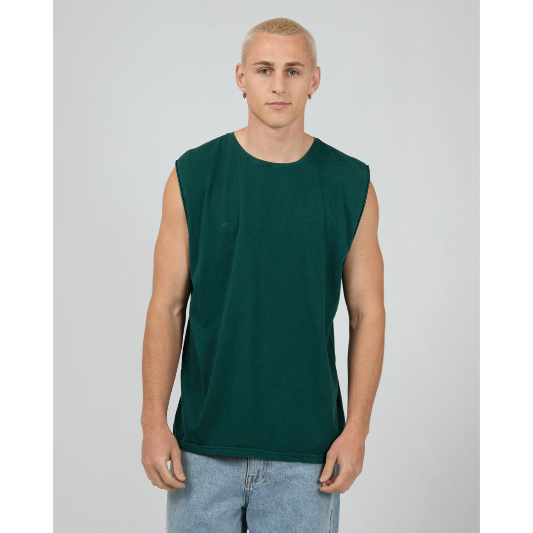 Stewart's Menswear, Mullumbimby. Silent Theory basic classic muscle tee. Photo shows model wearing Pine (Dark Green) coloured Silent Theory Classic muscle, front view.