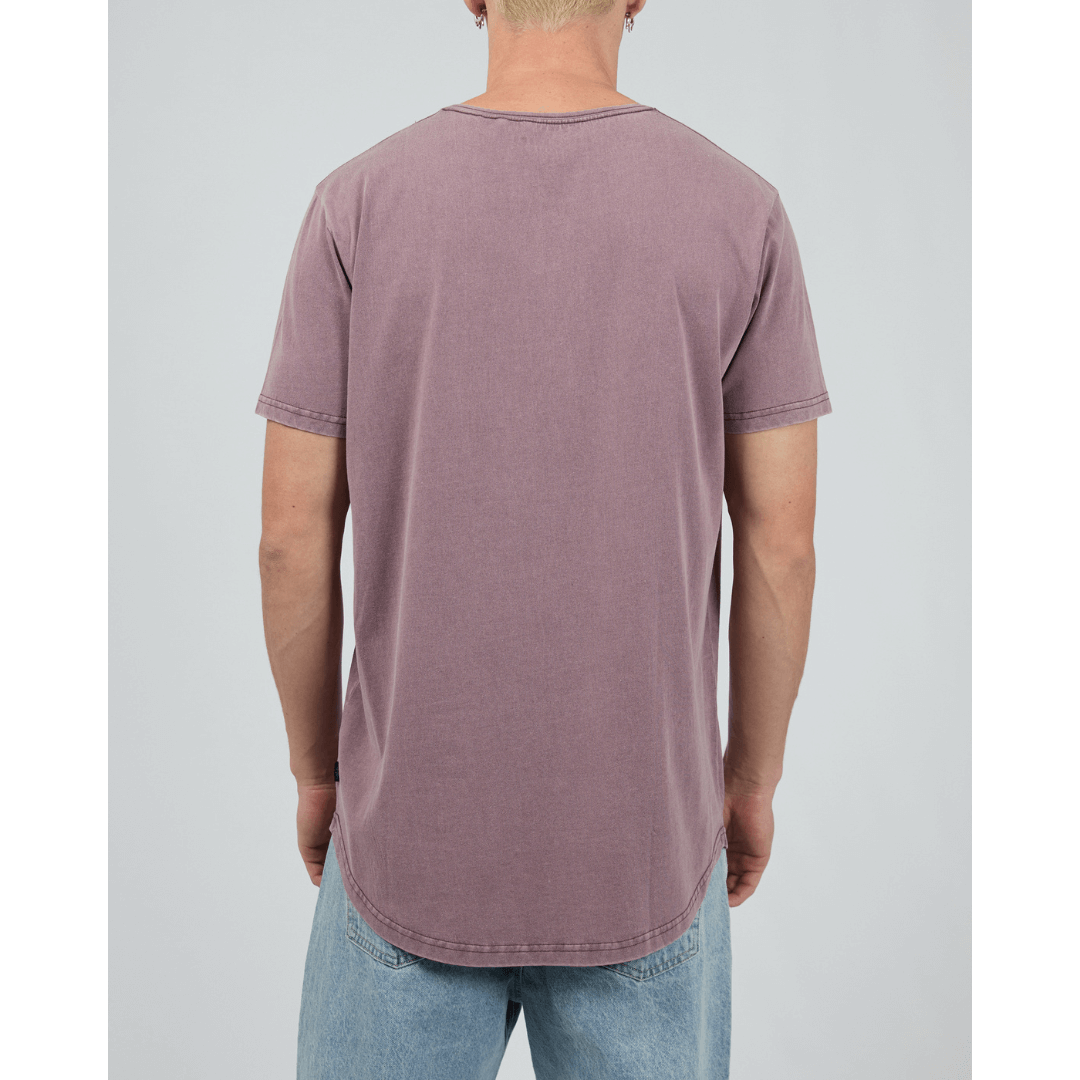 Stewarts Menswear, Mullumbimby. Photo shows model wearing vino coloured Silent Theory Tail Tee, back view.