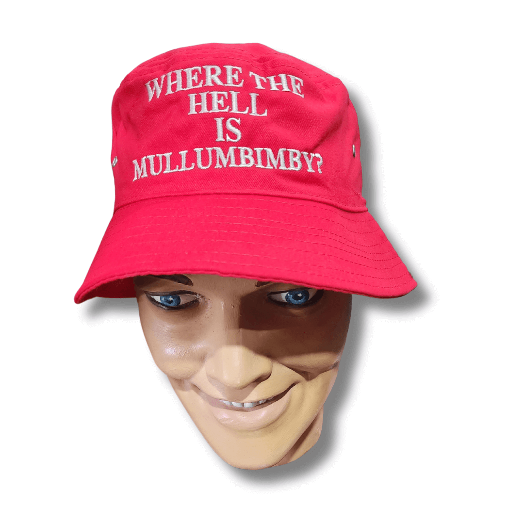 Stewarts Menswear Mullumbimby souvenir bucket hat. The classic unisex design works for both men and women and the embroidered “Where the Hell is Mullumbimby?” slogan across the front adds a touch of cheeky humour. Colour is red with white embroidered slogan.