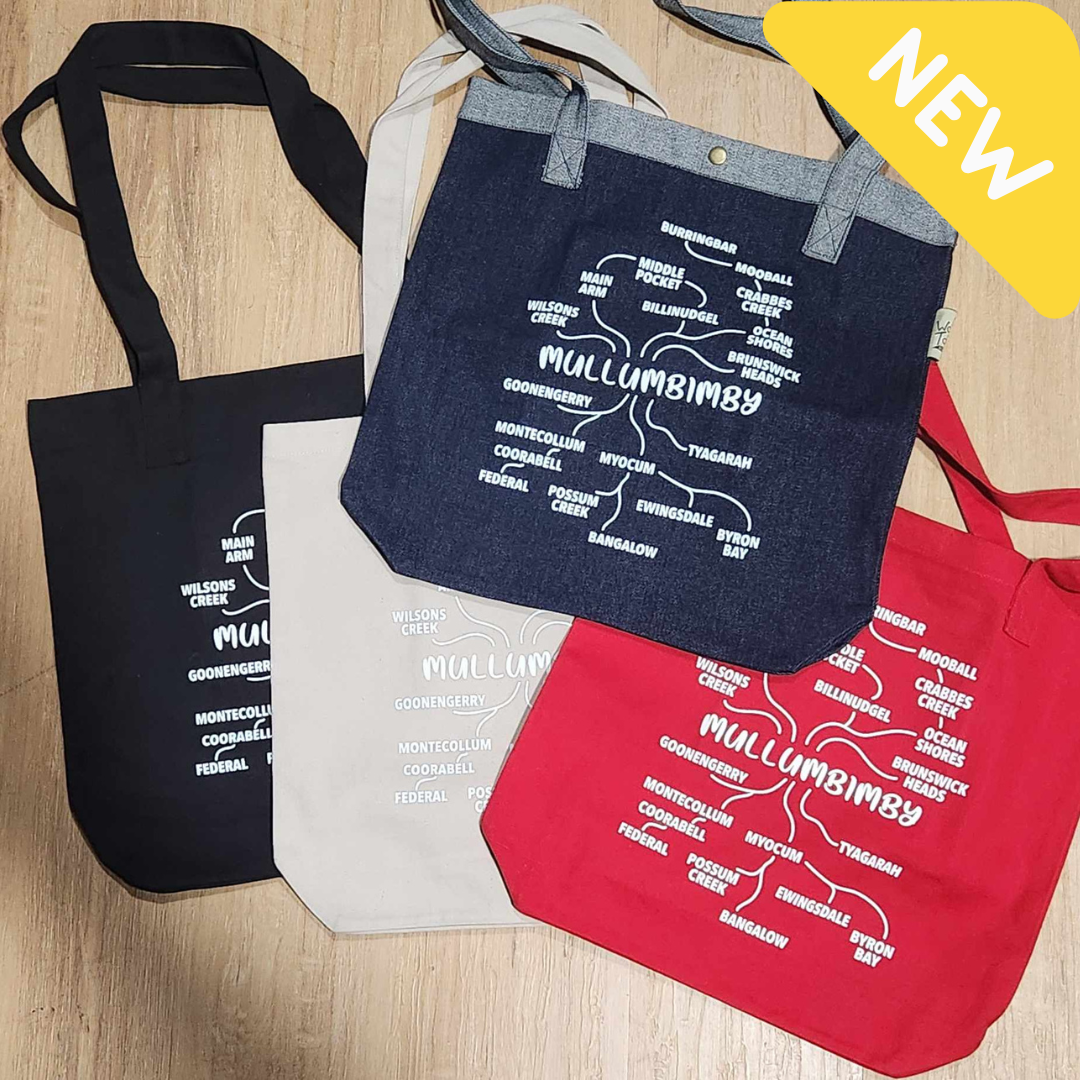Stewart's Menswear, Mullumbimby souvenir tote bag. New Local map print features names of many small towns and villages surrounding Mullumbimby. Colours available are red, black, natural and denim.