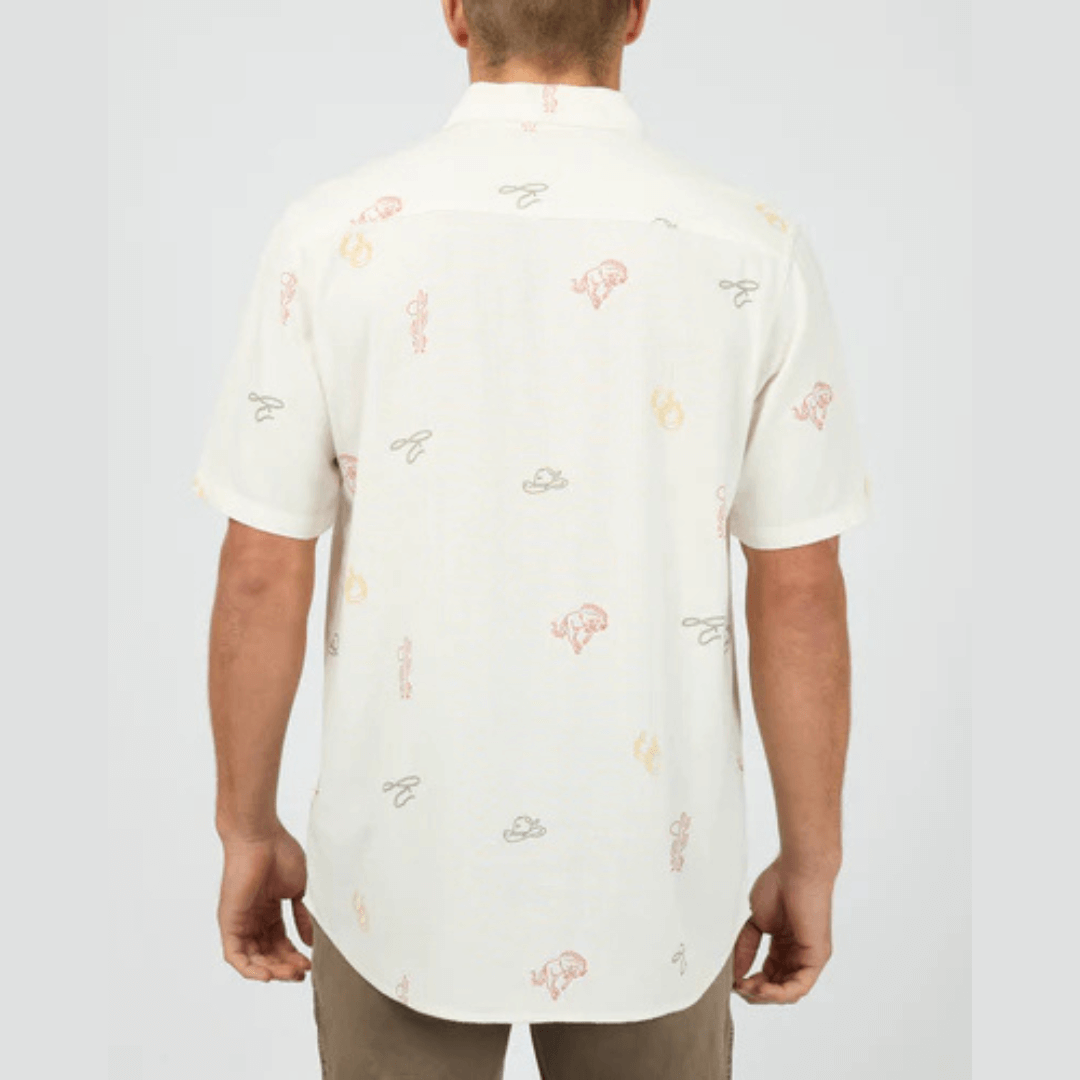 Back view of St Goliath Ranch Short Sleeve Shirt available at Stewart’s Menswear Mullumbimby. Men’s linen-blend short sleeve shirt with chest pocket and ranch-inspired style.