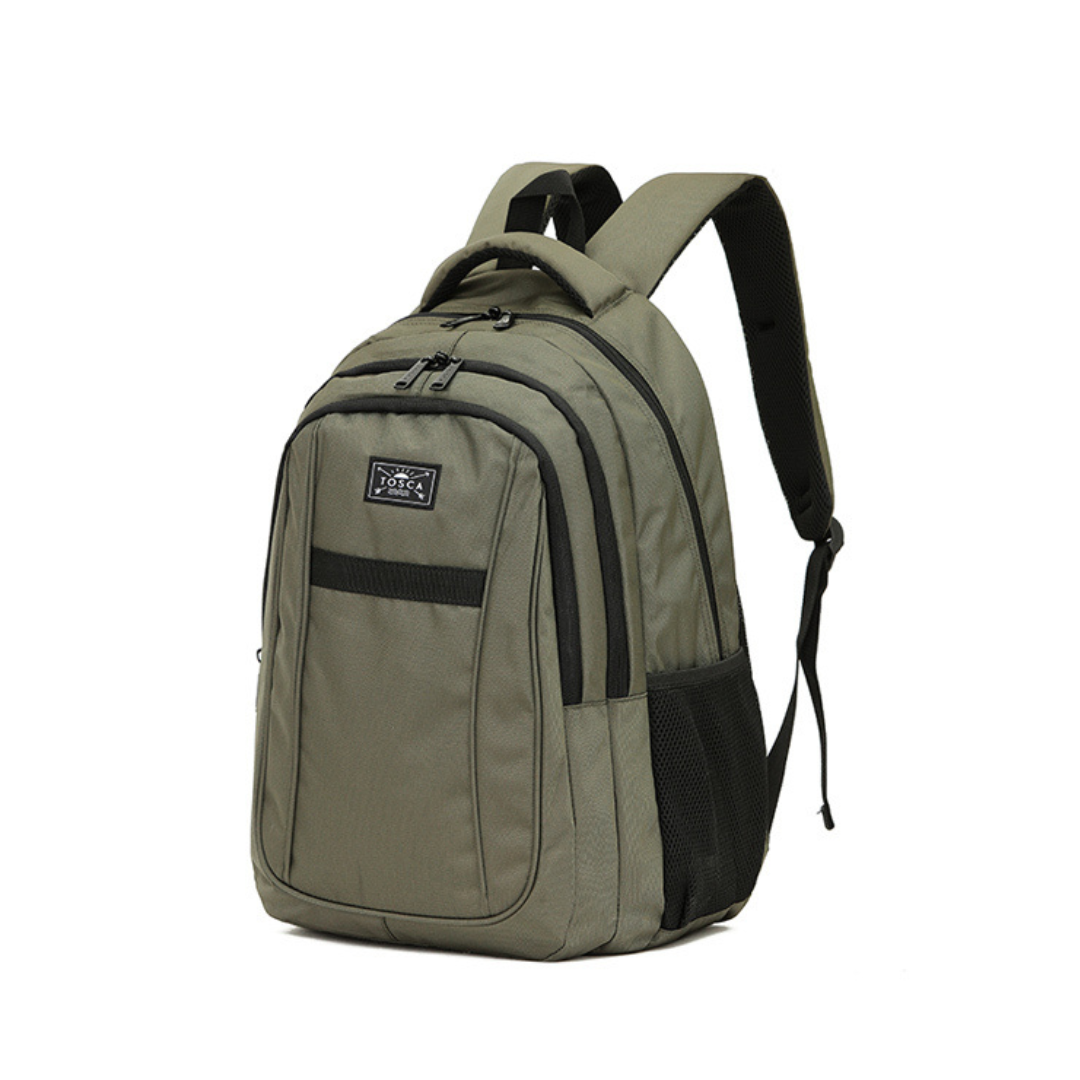 Khaki with black trim Tosca 35 litre backpack available from Stewart's Menswear, Mullumbimby.